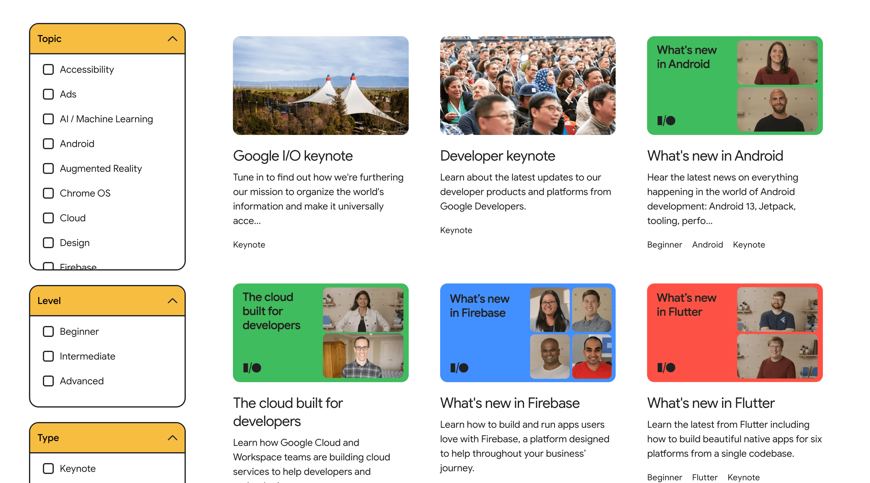 Screenshot of the Google I/O 2022 'Program' page. The page contains a list of videos with thumbnails and short descriptions, in three columns. On the left side of the screen there is a list of checkboxes that can be used to filter the list of videos.