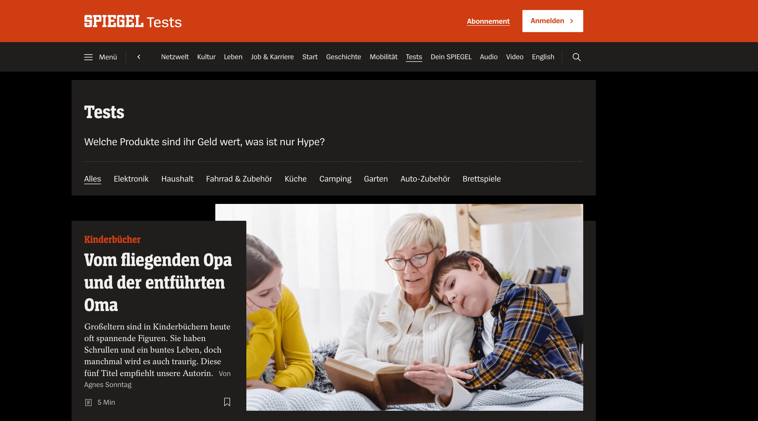 Screenshot of the Der Spiegel 'Tests' page. The header contains the Spiegel logo and main site navigation. Underneath is the page title and a list of categories in a row. Below that there is a featured article with a title and summary on the left, and a large image on the right.