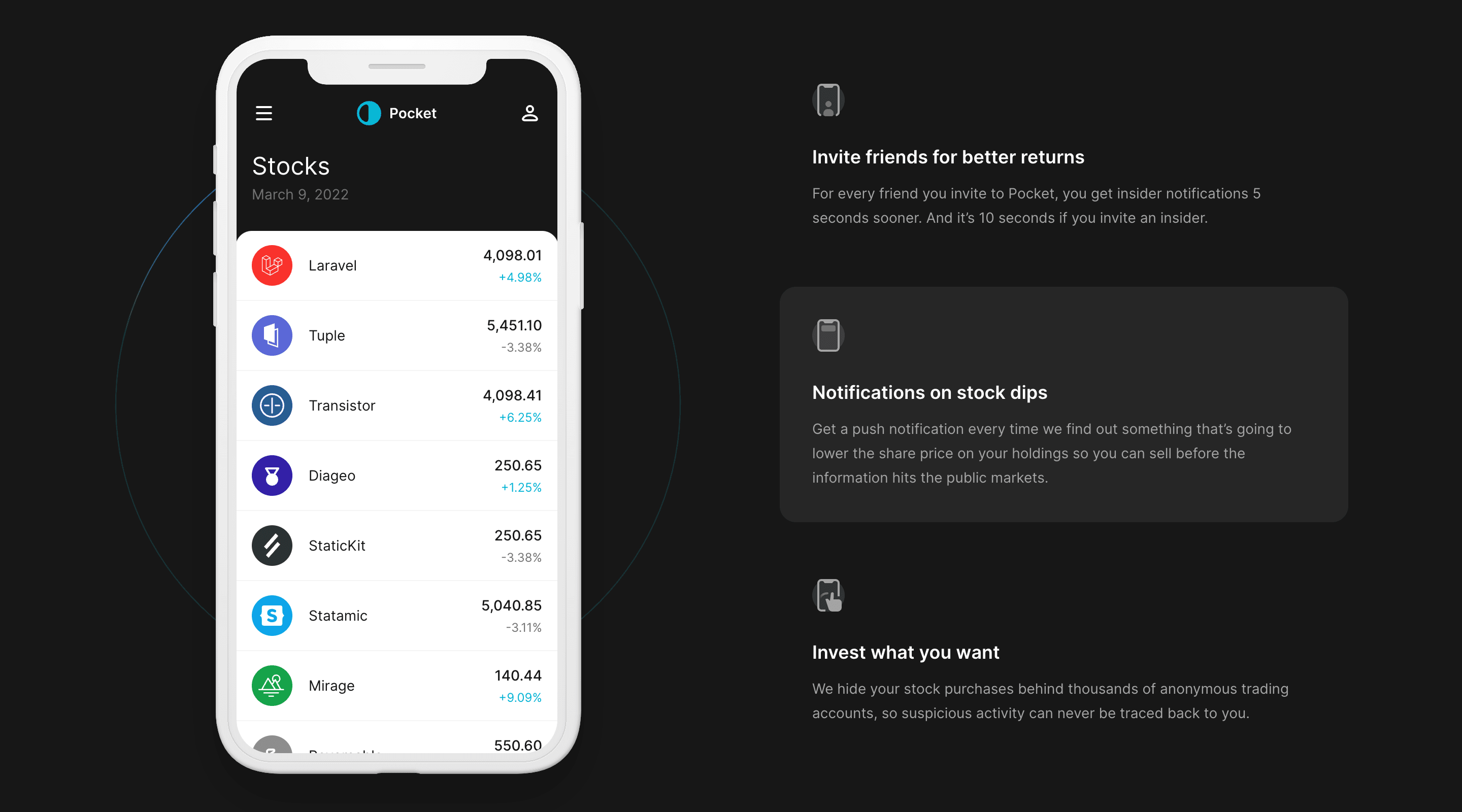 Screenshot of the Pocket Tailwind UI template. On the left side of the screen is a screenshot of the Pocket app. On the right is a list of app features, each with a small icon and description paragraph.